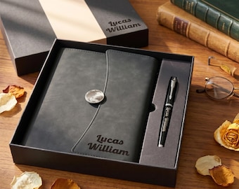 Gepersonaliseerde handgemaakt leren dagboek / op maat (notitieboekje + pen + doos) gegraveerd cadeau voor mannen en vrouwen
