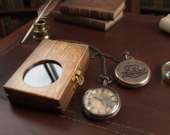 Personalized Brass Pocket Watch with Wooden Gift Box, Custom Monogram Engraving Gift For Him
