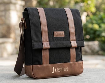 Op maat gemaakte leren canvas schoudertas - 13 inch laptoptas crossbody - gepersonaliseerd cadeau voor hem