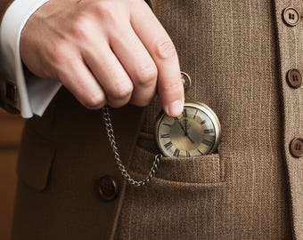 Gepersonaliseerde messing zakhorloge met houten geschenkdoos, aangepaste cadeaus voor hem, bruidegom, bruidsjonkers