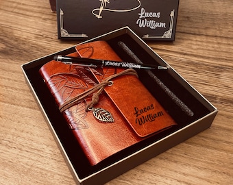 Cadeauset van veganistisch leer + pennenset met naam / gegraveerd speciaal cadeau voor haar hem