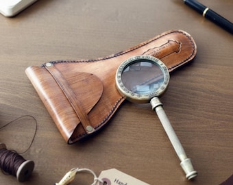 Gepersonaliseerde vintage messing vergrootglas met leren tas, handheld vergrootglas in antieke stijl, CEO-cadeau