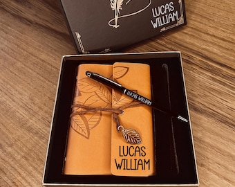 Gegraveerde veganistische leren dagboek- en pennenset / op maat gemaakte geschenkdoos voor leraren