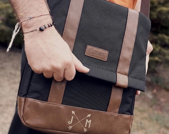 Naam leren canvas schoudertas - 13 inch laptop crossbodytassen - gepersonaliseerd cadeau voor vriend