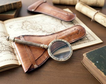 Aangepast vintage messing vergrootglas met leren tas, handheld vergrootglas in antieke stijl