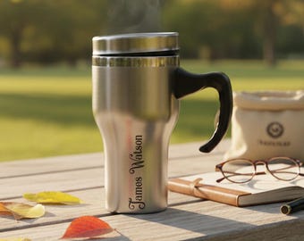 Gepersonaliseerde roestvrijstalen koffiemok, op maat gegraveerde thermische reismok met handvat