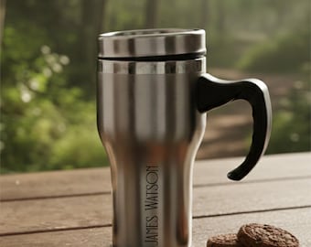 Gepersonaliseerde roestvrijstalen koffiemok, op maat gegraveerde thermische reismok met handvat