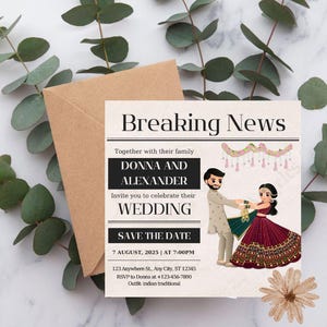 編集可能な結婚式招待状テンプレート - インドの伝統的なデザイン | 印刷可能なSave the Dateカード | モダンな新聞スタイル | Aonzo
