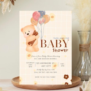 Modelo de convite para chá de bebê editável | Tema de balões de urso fofos | Convite digital para imprimir para menino ou menina