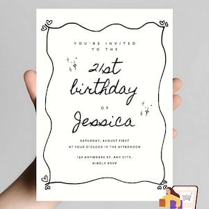 Minimalistische Einladungsvorlage zum 21. Geburtstag | Bearbeitbar Canva Invite | Druckbare Geburtstagskarte für Erwachsene | Schlichte elegante Partyeinladung