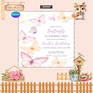 Convite de aniversário de borboleta, festa no jardim rosa, modelo editável do Canva, aniversário de menina, aniversário de floresta floral, cartão de aniversário de primavera