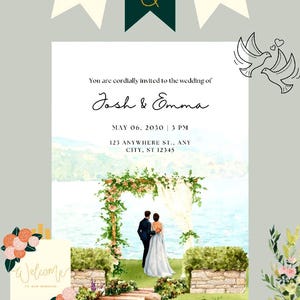 Plantilla de invitación de boda editable con escena de jardín en acuarela, imprimible, elegante y romántica, descarga instantánea en Canva.