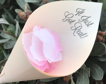May include: A white paper cone filled with pink and white flower petals. The cone has a label that says "It Just Got Real!"