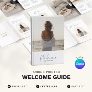 Plantilla de libro de bienvenida de Airbnb, libro de bienvenida costero imprimible, plantilla de Canva para casa de playa (tamaño A4 y carta EE. UU.), guía de alquileres vacacionales