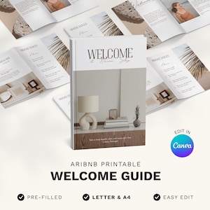 Plantilla de libro de bienvenida de Airbnb, libro de bienvenida moderno imprimible, plantilla de Canva para guía de huéspedes estética (tamaño A4 y carta EE. UU.), guía de alquiler vacacional