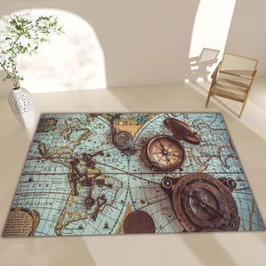 Alfombra con mapa antiguo, alfombra con brújula de explorador, alfombra con mapa del mundo antiguo, decoración náutica, alfombra con impresión digital, decoración rústica para suelo.