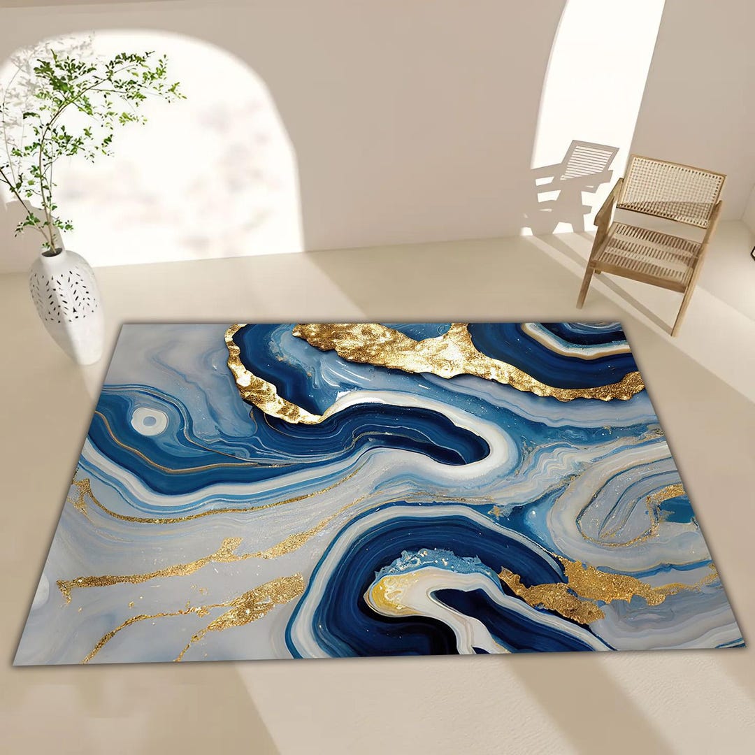 Blue Marble Rug Pattern Blue Marble Rug: Gold Vein Agate Pattern, Modern Abstract Mat - Etsy