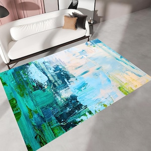 Abstract Ocean Art Rug: Blue Green Brushstroke Polyester Carpet