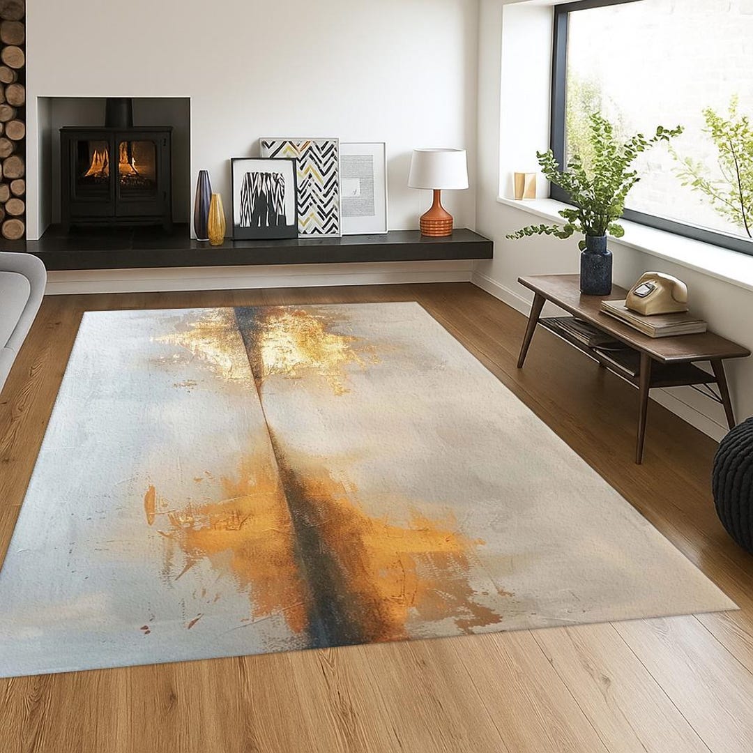 Digital Printed Abstract Gold Rug, Beige Horizon Art Area Carpet, Soft ...