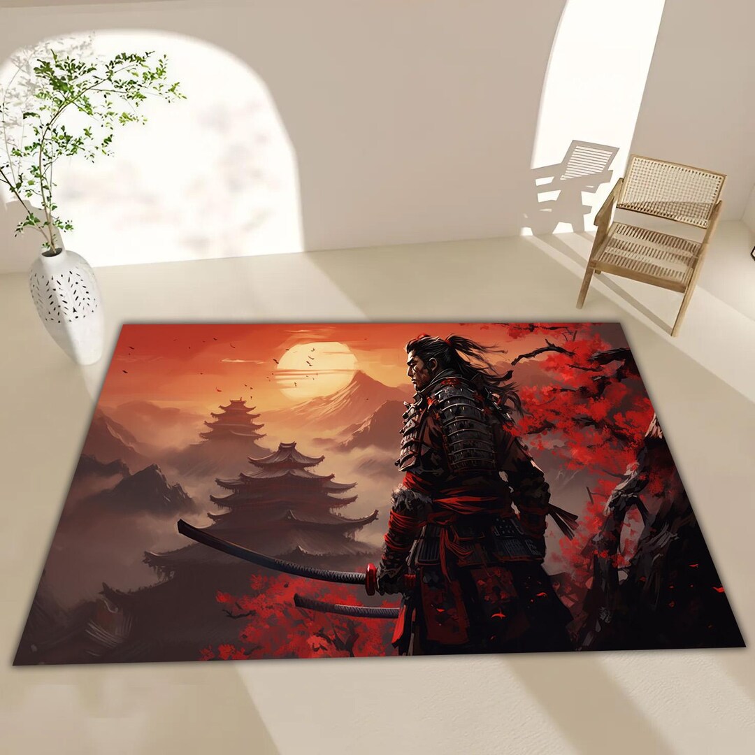 Hashira Rug Samurai Warrior Rug, Japanese Sunset Rug, Red Maple Art Mat, Zen Dojo ...