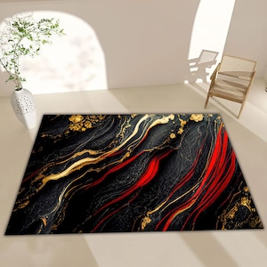Tapis de luxe en marbre noir rouge or, tapis d&#39;art moderne abstrait audacieux, tapis de sol décoratif de salon glamour, tapis en marbre rouge, carpette en marbre