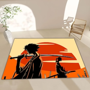 Samurai Champloo Rug, Anime Style Floor Mat, Japanese Sunset Decor, Cool Otaku Room Carpet, Sword Warrior Art Rug, Anime Themed Rug