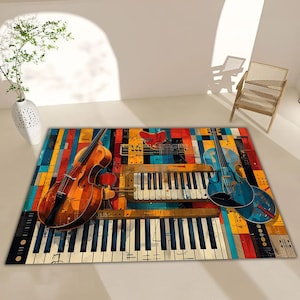 Colorful Musical Instruments Rug, Violin Piano Guitar Carpet, Retro Patchwork Music Room Decor, Artistic Musician Gift Mat, Musical Rug