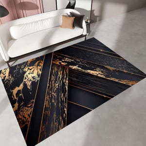 Black Gold Abstract Rug, Luxury Modern Geometric Carpet, Elegant Art Deco Floor Mat, Glam Living Room Area Rug, Stylish Contemporary Rug