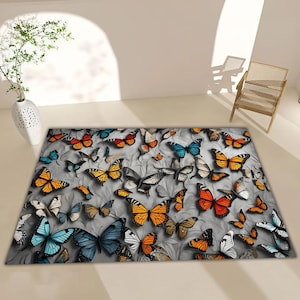 Butterfly Pattern Area Rug, Colorful Monarch and Blue Butterflies, Modern Nature Floor Carpet, Butterfly Printed Rug, Cool Rug, Animal Rug