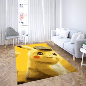 Detective Pikachu Rug, Cute Yellow Anime Carpet, Gamer Room Floor Mat, Kids Bedroom Decor, Pop Culture Area Rug, Character Themed Rug