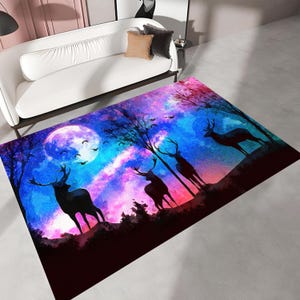 Deer Moon Galaxy Area Rug, Cosmic Forest Carpet with Stag Silhouette, Starry Night Floor Art, Colorful Boho Rug for Bedroom Living Room