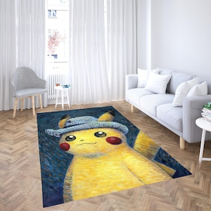 Alfombra de anime, alfombra de dibujos animados estilo Van Gogh, alfombra con estampado de personajes, alfombra amarilla para habitación infantil, idea para sala de juegos o regalo, alfombra para guardería