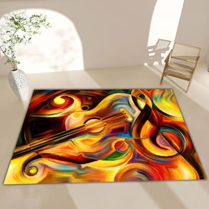 Alfombra musical abstracta con diseño de guitarra y clave de sol, regalo colorido para músico, alfombra artística para sala de estar, alfombra con estampado de guitarra