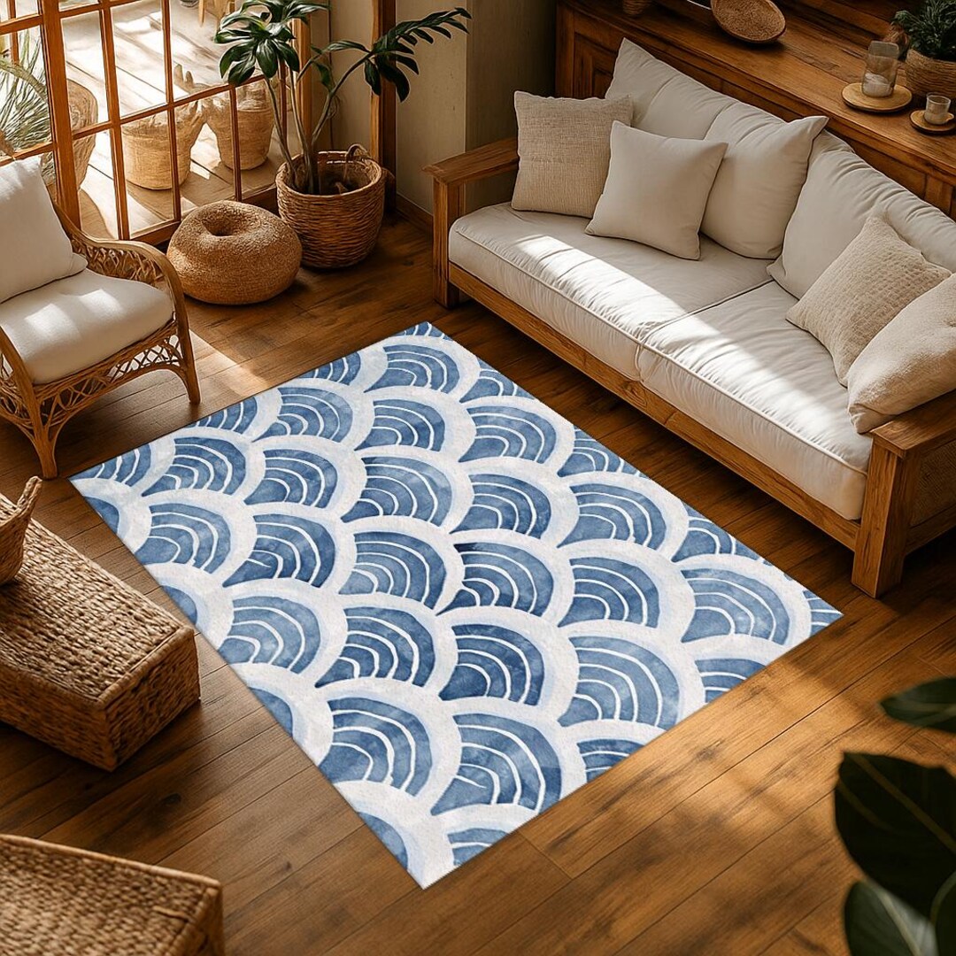 Japanese Wave Pattern Rug, Blue White Modern Area Carpet, Minimal ...