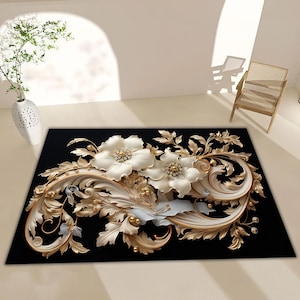 Luxury Floral Rug, Baroque Style Carpet with Gold Details, Elegant Black Background Living Room Decor, Floral Themed Rug, Modern Area Rug
