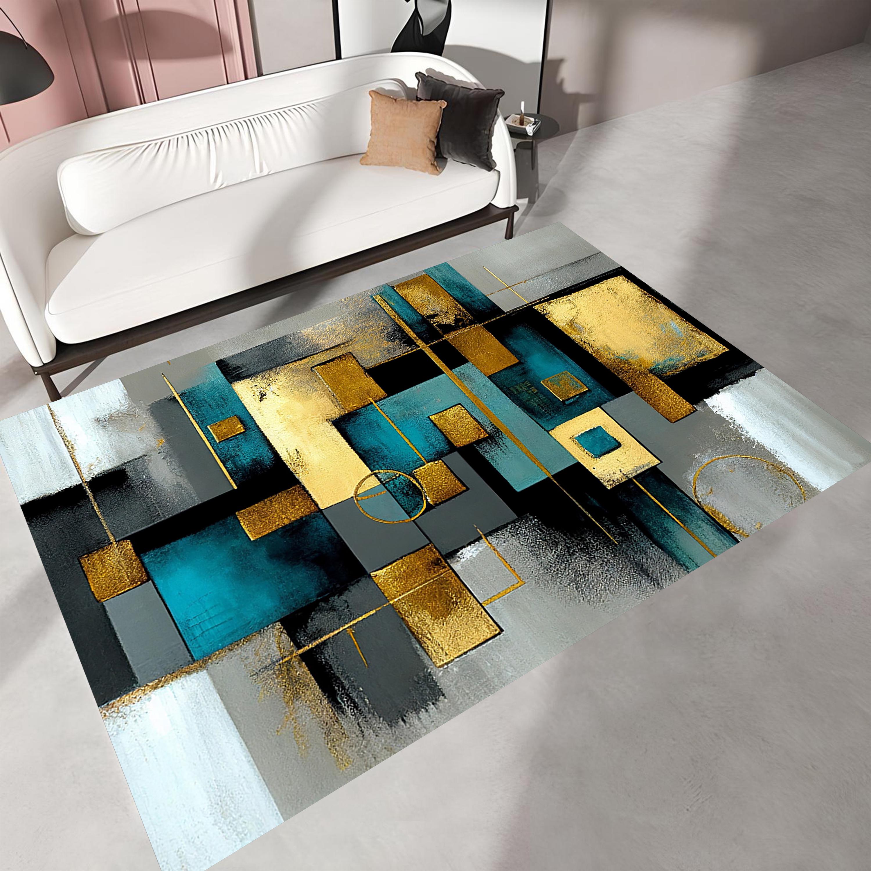 Teal and Gold Geometric Rug: Modern Abstract Marble Effect Carpet - Etsy