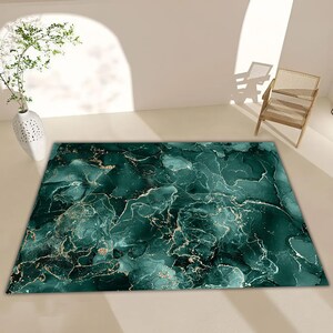 Emerald Marble Area Rug: Green Gold Abstract Art, Modern Home Decor
