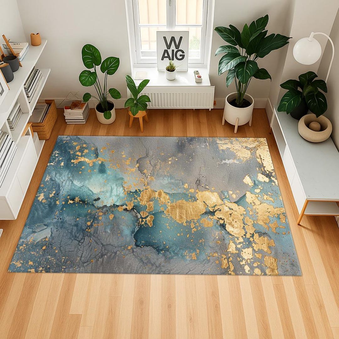 Abstract Blue Gold Rug, Luxury Marble Art Carpet, Modern Ink Design ...