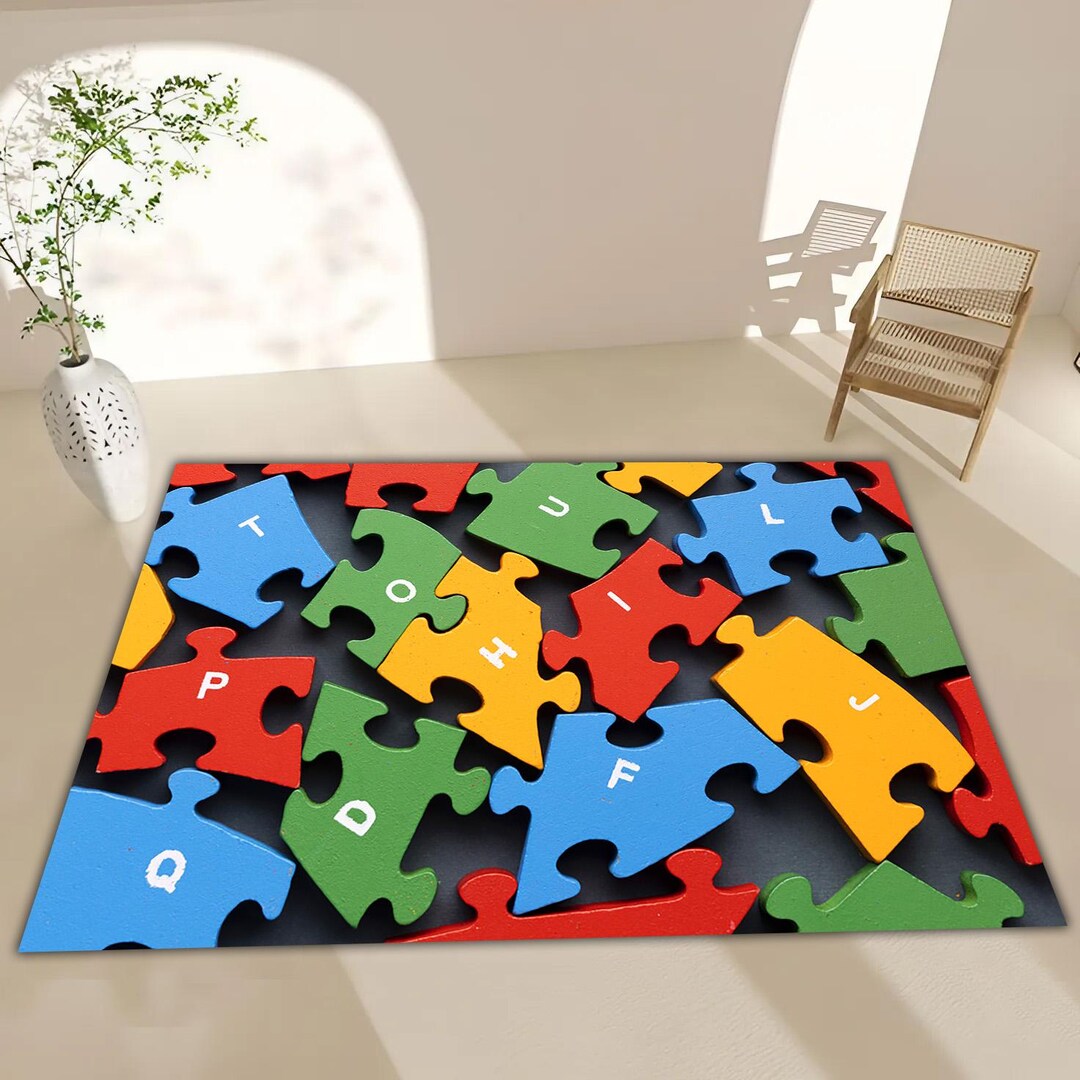 Colorful Puzzle Piece Kids Rug, Alphabet Learning Play Mat, Educational ...