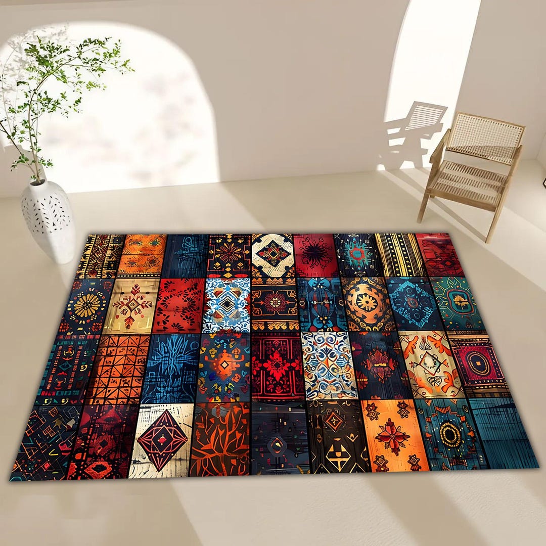 Boho Patchwork Area Rug: Colorful Tribal Geometric Design - Etsy