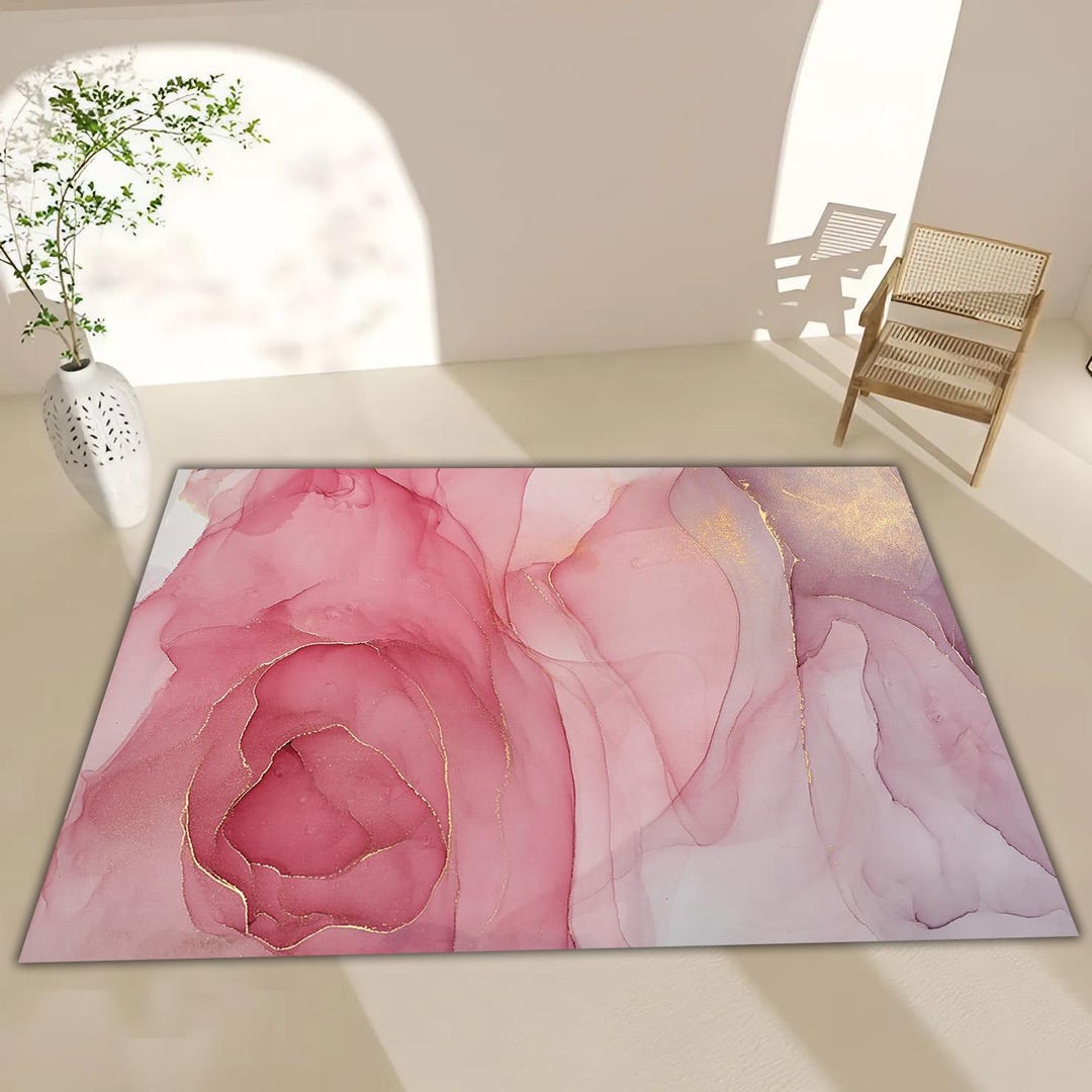 Blush Pink Abstract Rug, Gold Accent Ink Style Carpet, Soft Feminine ...