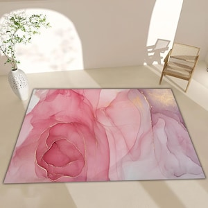 Blush Pink Abstract Rug, Gold Accent Ink Style Carpet, Soft Feminine Modern Floor Mat, Modern Area Rug, Pink Rug, Aesthetic Rug
