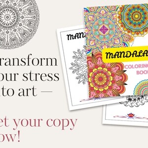 Peut inclure: Plusieurs livres de coloriage de mandalas avec des motifs floraux complexes de différentes couleurs. La couverture du livre supérieur affiche le mot "MANDALA" en jaune, avec le texte "COLORING BOOK" en dessous. Le texte "Transformez votre stress en art - obtenez votre exemplaire maintenant !" est également présent.