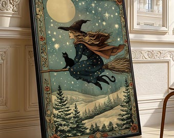 Vintage Witch Wall Art | Halloween Black Cat Broomstick Print | Gothic Cottagecore Moonlit Sky Decor | Spooky Witchy Digital Download