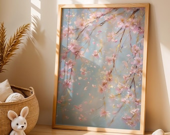 優雅な桜のウォールアート – スカイブルーにピンクの花の絵画 – ロマンチックな植物プリント、穏やかな春のホームデコレーション