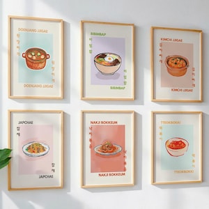 Set of 6 Korean Food Wall Art Prints, Kitchen Cafe Decor, Bibimbap Kimchi Japchae Tteokbokki, Restaurant Poster Set, Korea Cuisine Gift