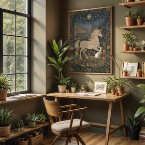 May include: A cozy home office with a wooden desk, chair, and shelves filled with plants and books. A framed tapestry of a unicorn hangs on the wall. The room is bathed in natural light from a large window.
