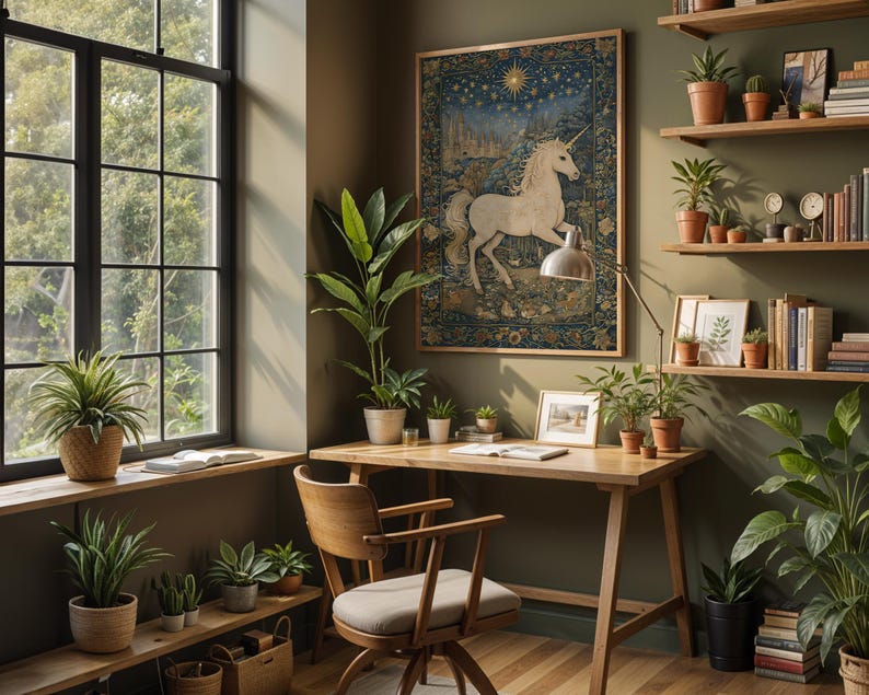 May include: A cozy home office with a wooden desk, chair, and shelves filled with plants and books. A framed tapestry of a unicorn hangs on the wall. The room is bathed in natural light from a large window.