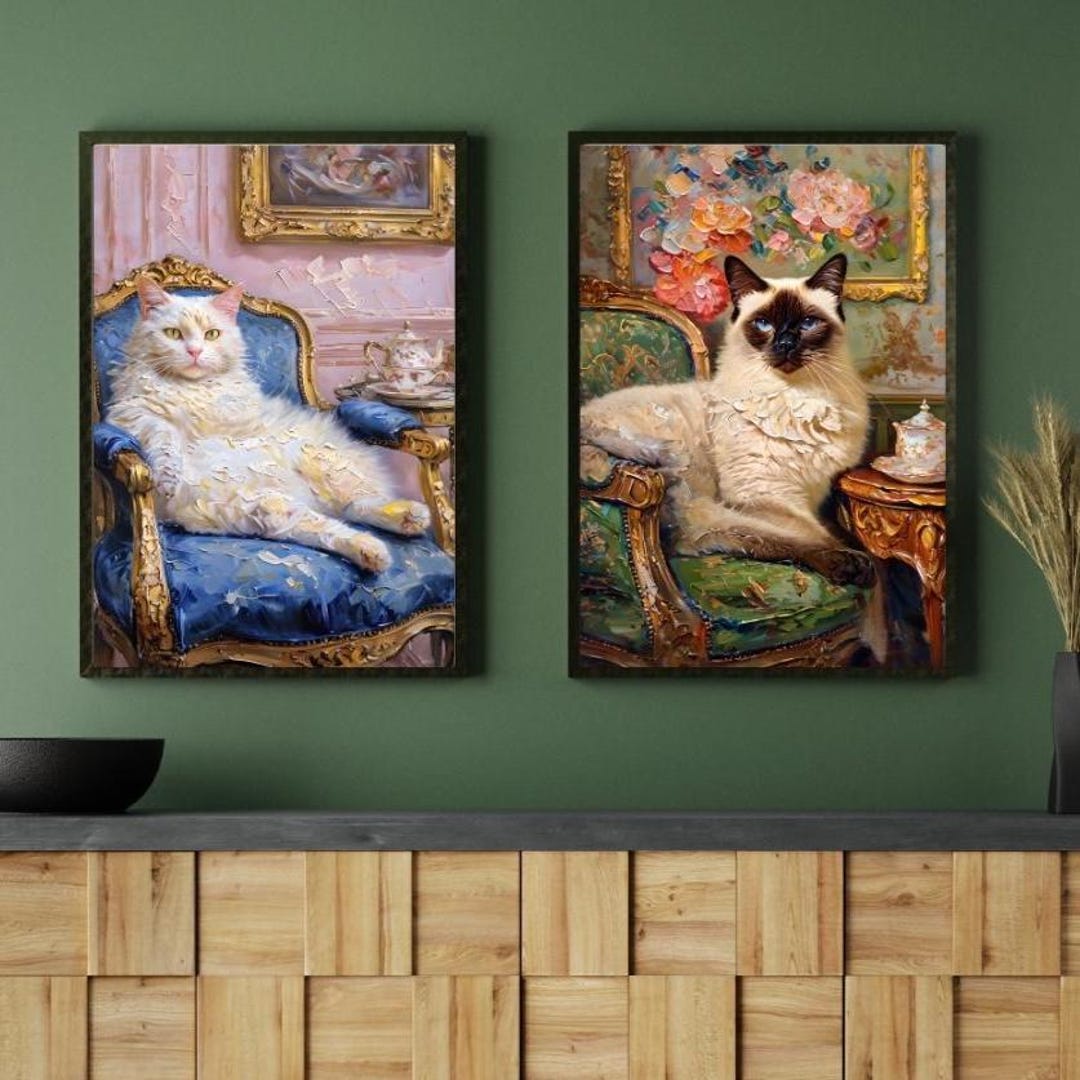 Elegant Cat Wall Art Set of 2 – Vintage Oil Style White & Siamese Cats ...