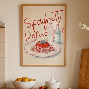 Arte de parede com macarrão de tomate – Impressão de espaguete ao molho pomodoro para cozinha ou café – pôster de comida italiana, presente de chef, decoração gastronômica, estilo minimalista